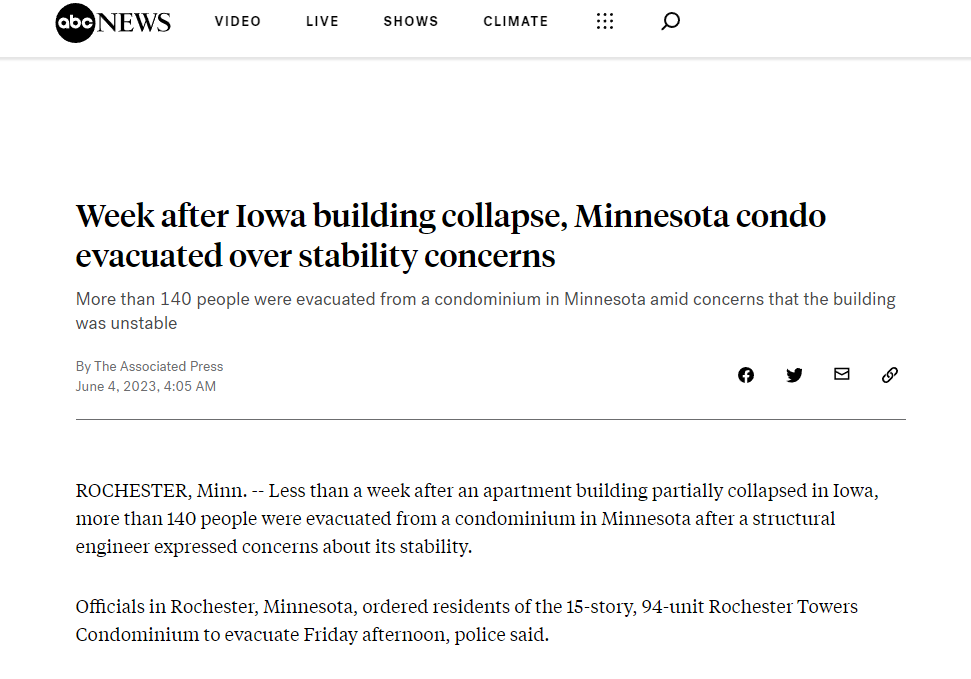 Week after Iowa building collapse, Minnesota condo evacuated over stability concerns