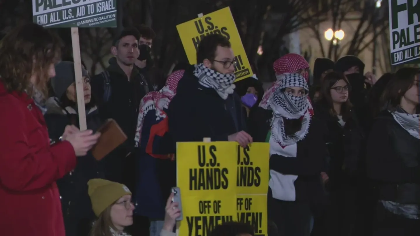 Demonstrators protest Biden bombing Yemen outside White House