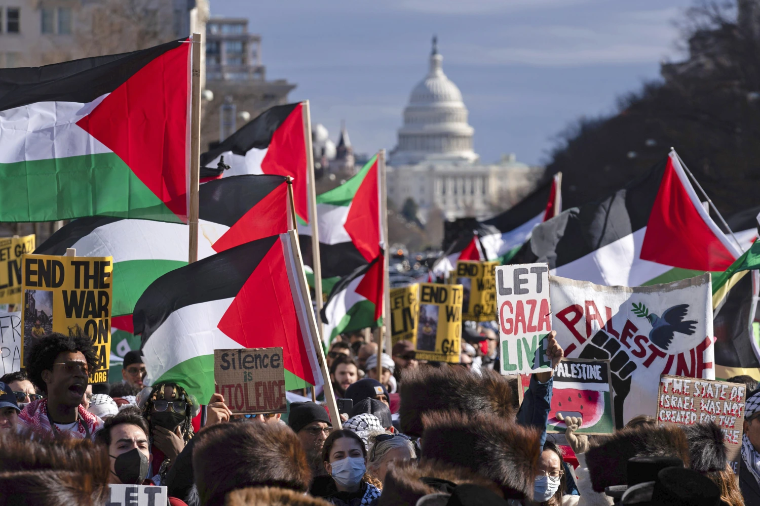 Organizers staged pro-Palestinian marches in London and D.C., while families of hostages delivered messages of hope for loved ones who have been held in captivity for almost 100 days.