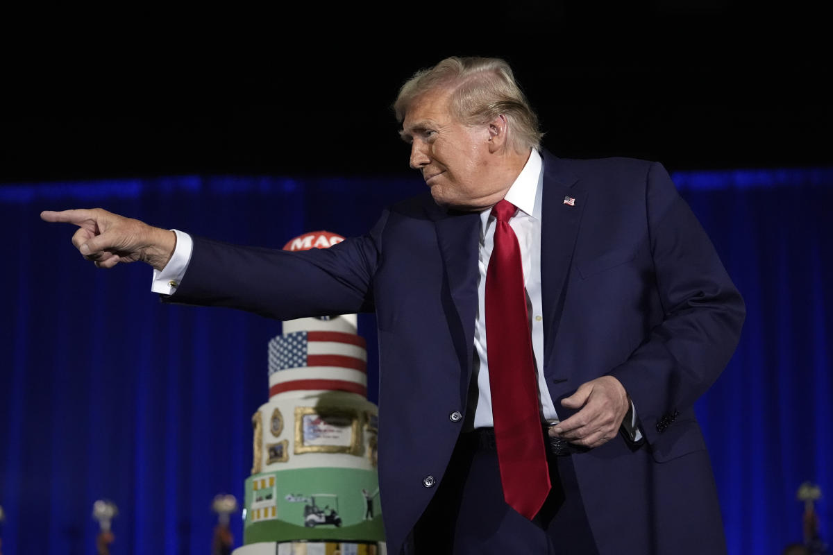 Trump marks his 78th birthday with a towering ‘MAGA’ cake and attacks on his 81-year-old rival’s age