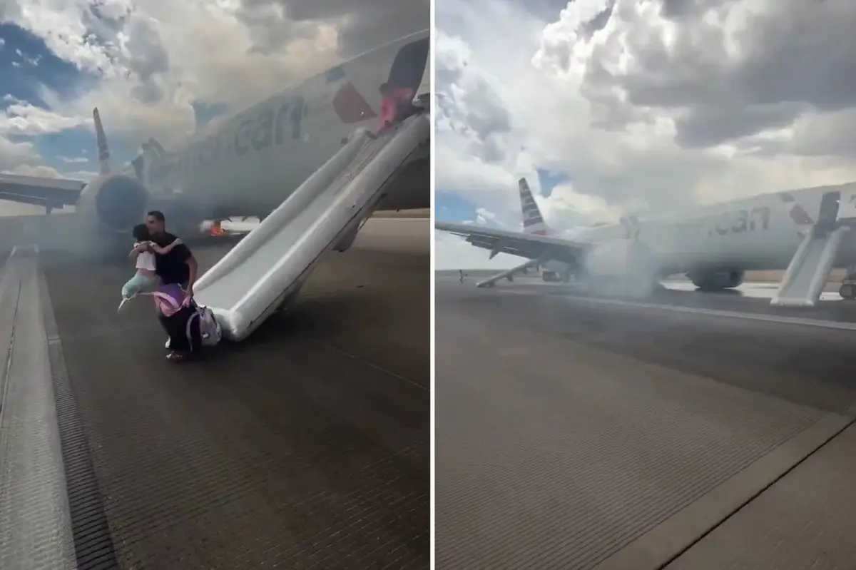 Passengers exit plane via emergency slide after aborted takeoff