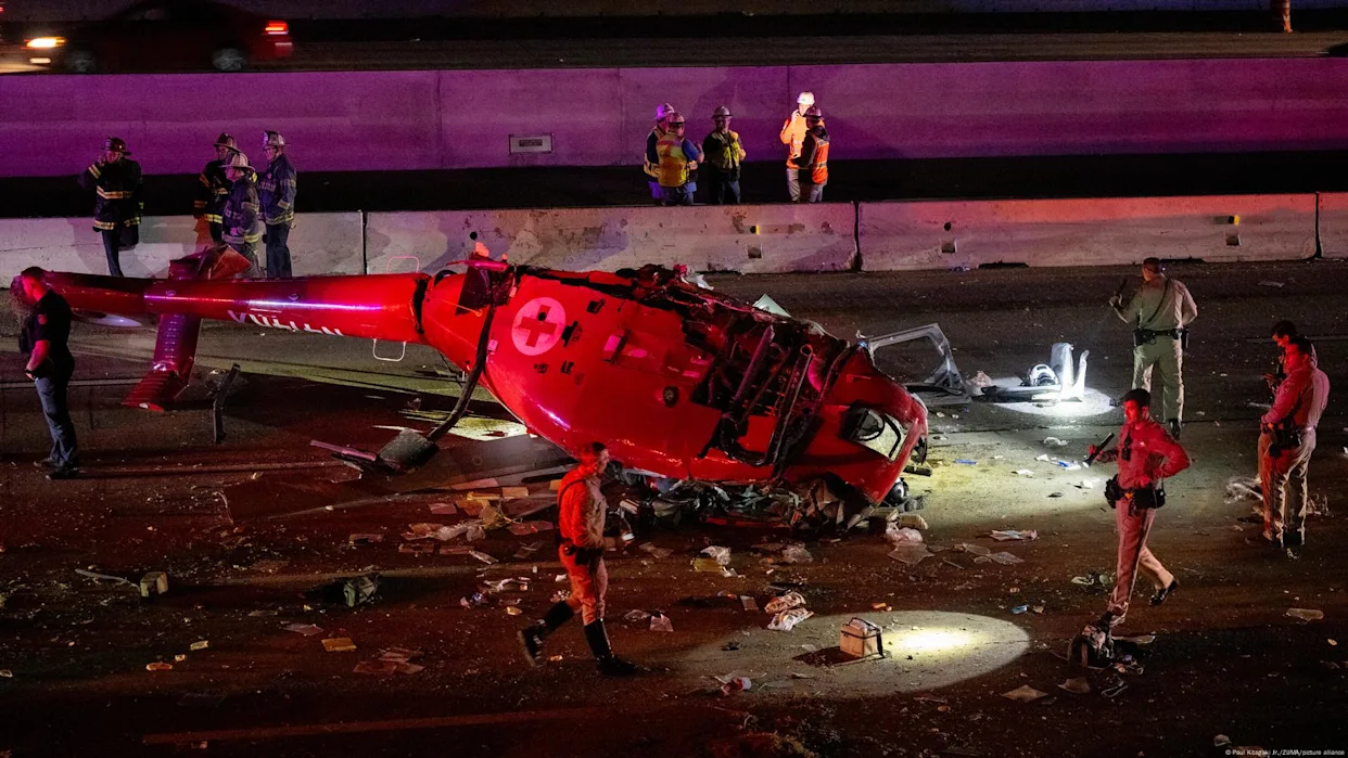 Medical helicopter crashes on California freeway, crew taken to area hospitals, company says